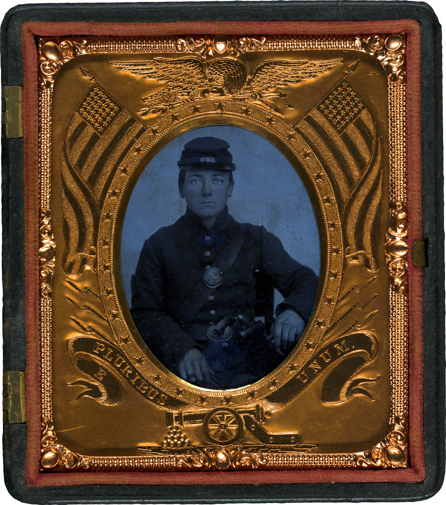 Roswell K. Bishop of Company I, 123rd New York Infantry Regiment in uniform with holstered revolver Roswell K. Bishop of Company I, 123rd New York Infantry Regiment in uniform with holstered revolver