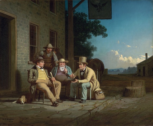 Canvasing for a Vote • George Caleb Bingham was active in Missouri politics for most of his adult life. Canvassing for a Vote reflects his full faith in the democratic system, even as he recognized its shortcomings. Set in the artist’s hometown of Arrow Rock, Missouri, the composition shows a politician and trio of potential voters.