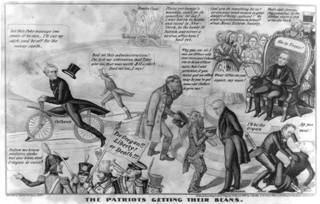  A satirical view of the scramble among newly elected President James K. Polk's 1844 campaign supporters, or "patriots," for "their beans," i.e., patronage and other official favors. Polk (upper right) sits in the Presidential Chair, his hands folded and apparently oblivious to the activity around him. 