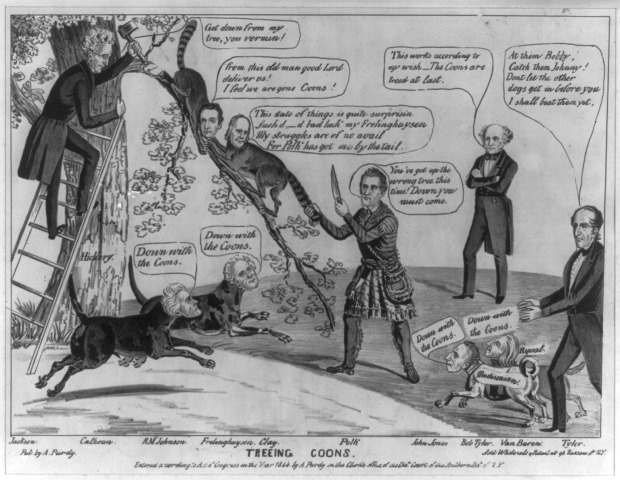 One of the few satires sympathetic to the Democrats to appear during the 1844 presidential contest. Democratic presidential nominee James Polk is portrayed as a buckskinned hunter who has treed "coons" Henry Clay and Theodore Frelinghuysen. (Clay's nickname "that old coon" had wide currency in the campaign.) 