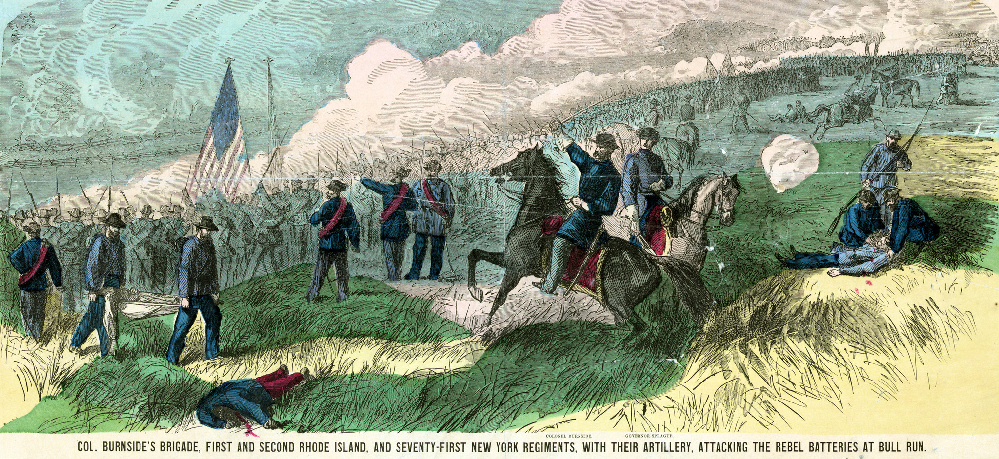 Col Burnside's Brigade, First and Second Rhode Island, and Seventy-first New York Regiments, with their artillery, attacking the rebel batteries at Bull Run