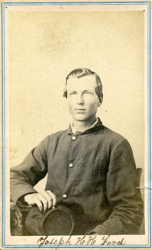 Joseph Ford enlisted as a private in Company G, 13th Kansas Infantry, on September 6, 1862. The 13th Kansas was organized on September 10, 1862, at Atchison, Kansas, and fought at the 1862 battles of Newtonia and Prairie Grove; the unit also preformed provost and garrison duties in Kansas, Missouri, Arkansas, and the Cherokee Nation.