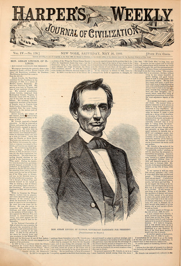 Harper's Weekly, May 26, 1860, page 1 and 2, with Abraham Lincoln biographical sketch.