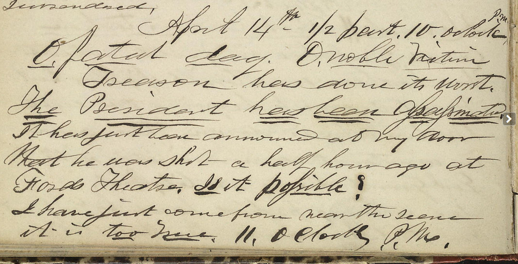 Hoatio Nelson Taft's diary entry on the assasination of Abarham Lincoln.