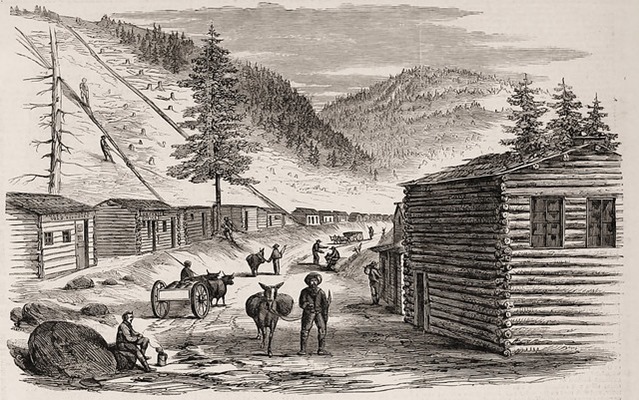 Street in Gregory's Gulch, Pike's Peak. - From a sketch made on the spot, expressly for Frank Leslie's Illustrated Newspaper, By Col. D. H. Huyett