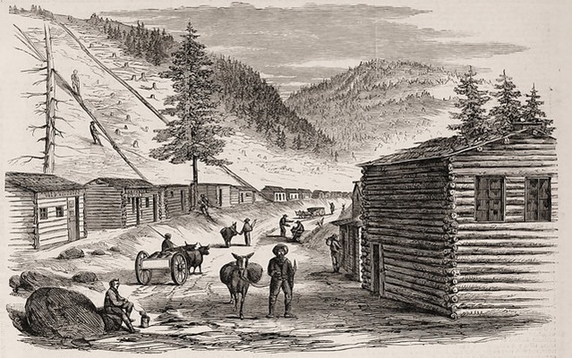 Street in Gregory's Gulch, Pike's Peak. - From a sketch made on the spot, expressly for Frank Leslie's Illustrated Newspaper, By Col. D. H. Huyett