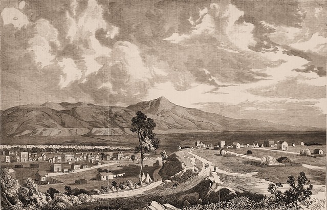 The Kansas Gold Region - View of Auraria and Denver City, Cherry Creek - from a sketch made by Col __ H. Hutett, expressly for Frank Leslie's Illustrated Newspaper