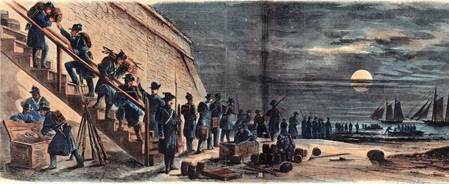 Evacuation of Fort Moultrie by Major Anderson and the United States Troops on Christmas Night, 1860 —The Troops Conveying Powder and other Stores in Sloops to Fort Sumpter (sic)