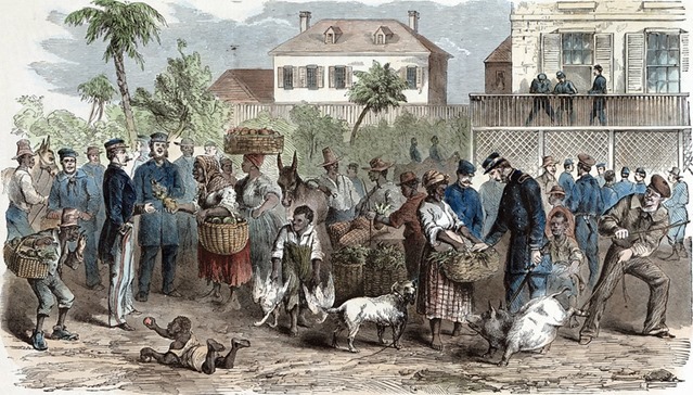 Scene at Beaufort, S.C.—Negro Hucksters Disposing of their Produce to the Soldiers.—From a Sketch by W.T. Crane