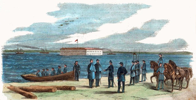Boat from Fort Sumter arriving at Cummings' Point with a flag of Truce, Conveying Capt. Seymour and Lieut. Snyder, to ask Permission to run down the Schooner Shannon