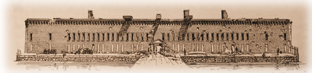 The South-West or Gorge Front of Fort Sumter, Showing the Gate, Wharf, and Esplanade, Machicoulis Gallerries on the Parapet and the Effect of the Fire from Cumming's Point and Fort Johnson. From a Photograph