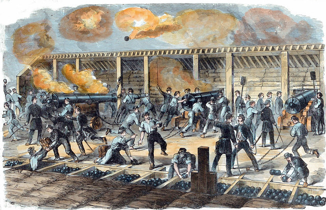 Scene on the floating battery in Charleston Harbor during bombardment of Fort Sumter