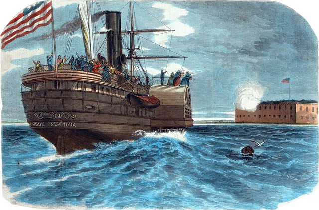 The Steamship Marion, on her way to New York with the Wives and Children of the Soldiers of Fort Sumter — Manning the Ramparts and Cheering of the Men as the Steamer passes the Fort — The Parting Salute from Fort Sumter