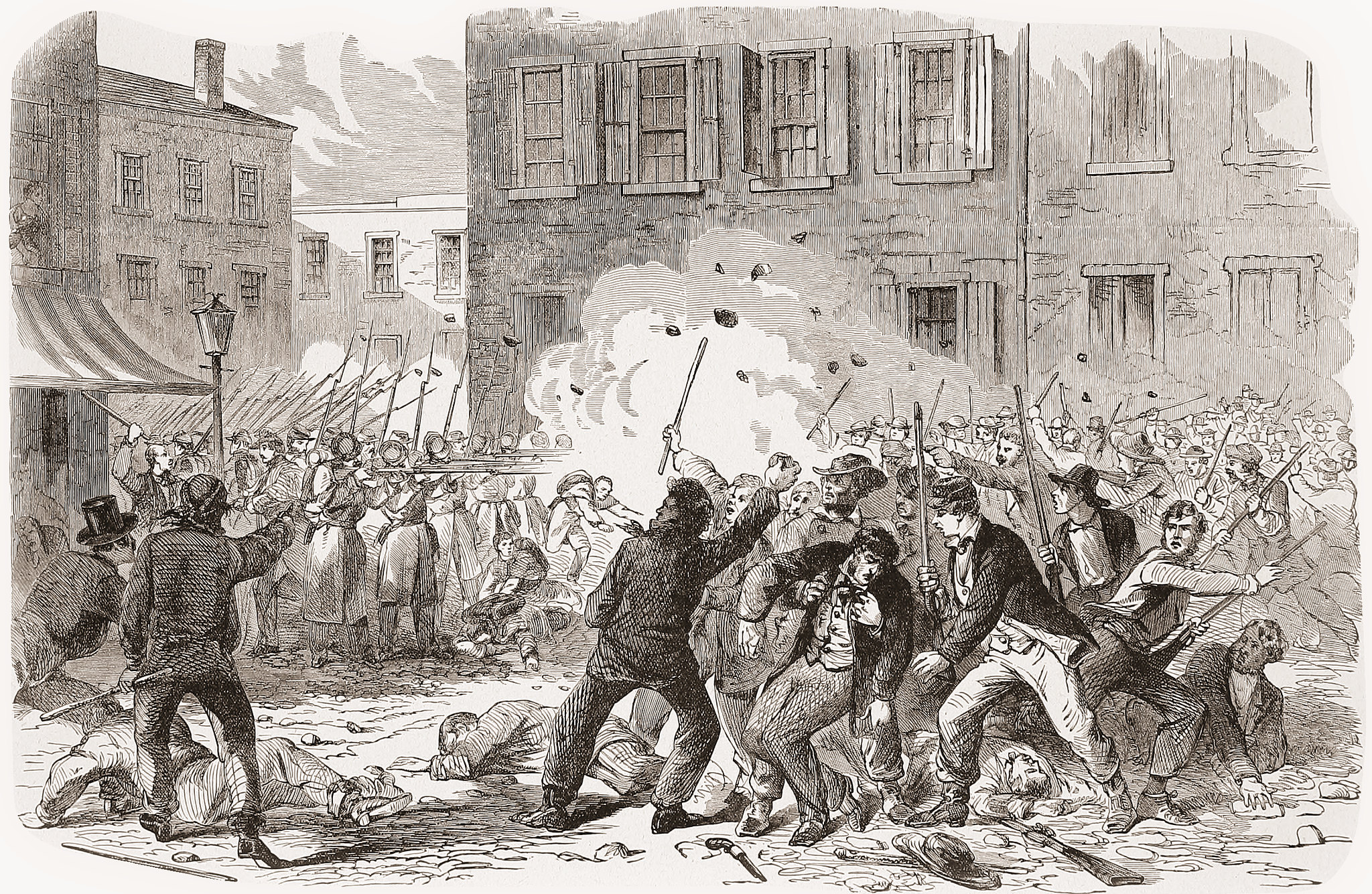 First Blood -- The Sixth Massachusetts Regiment Fighting their way through Baltimore, April 19, 1861