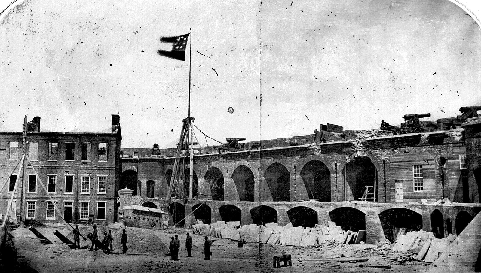 Fort Sumter in the Charleston Harbor in Charleston, South Carolina, April 14, 1861, under the first Confederate national flag (the 'Stars and Bars')