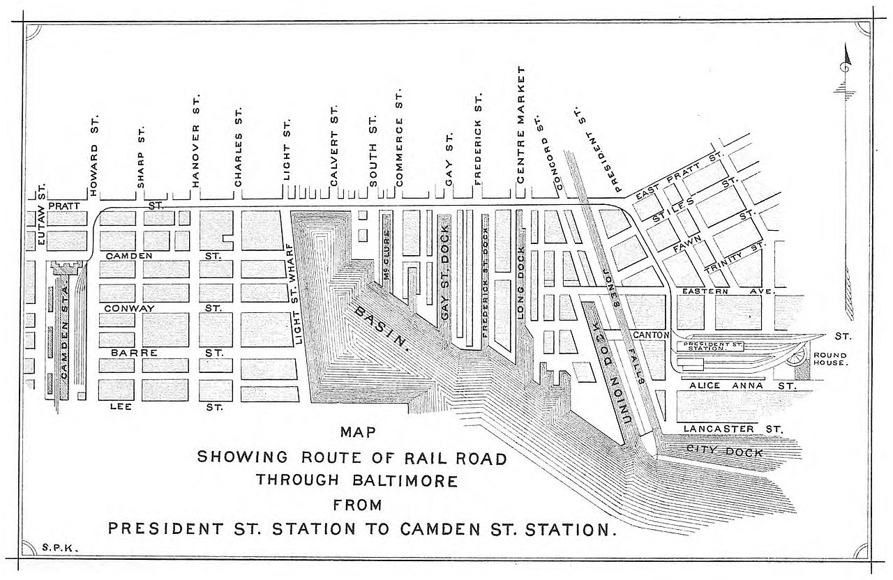 Map Showing Route Between Camden Street Station and President Street Station through Baltimore