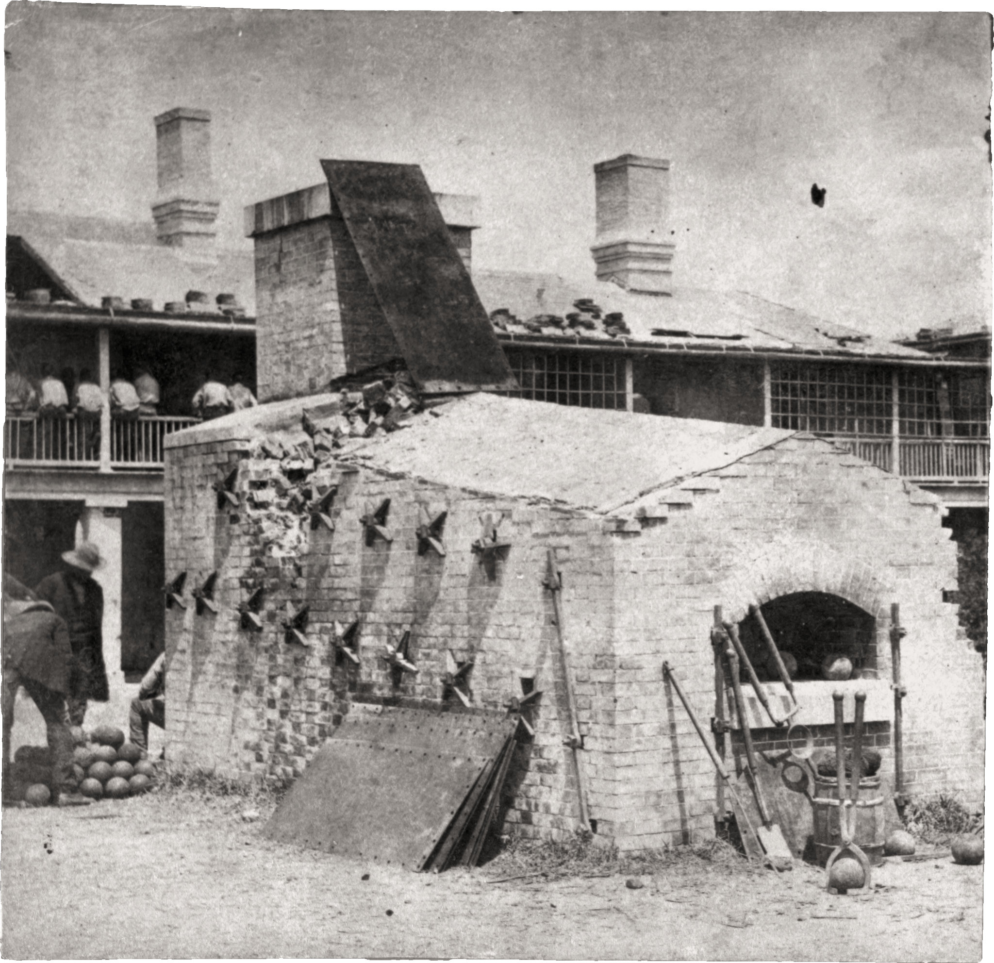 Fort Moultrie shot furnace, damaged in the bombardment, with officer's quarters behind it.