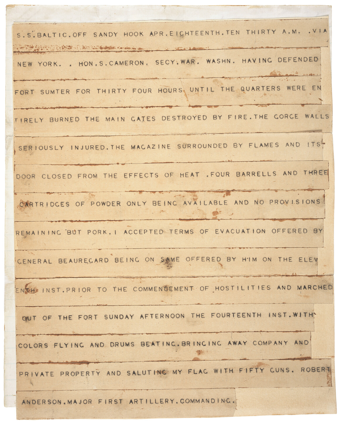 Robert Anderson Telegram to the Secretary of War, April 18, 1861, from S.S. Baltic off Sandy Hook, New York