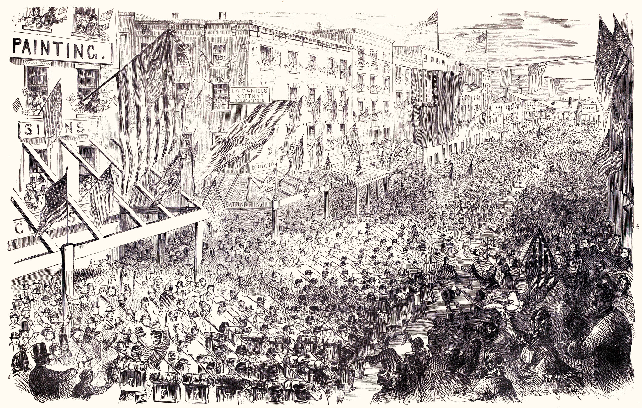 The Seventh Regiment, N. Y. S. M., Passing Down Cortlandt Street on Their Way to the Pennsylvania Railroad Depot, En Route for Washington, D. C., April 19th, 1861