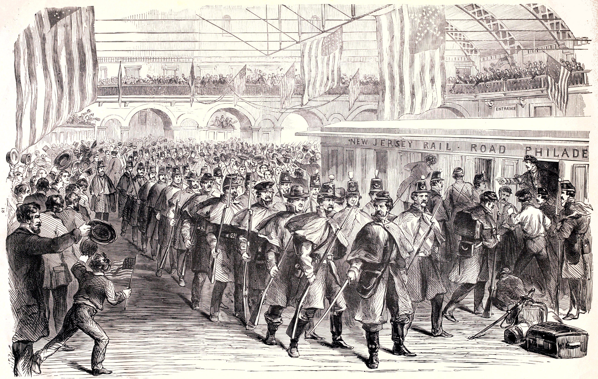 The Sixth Regiment of Massachusetts Volunteers Leaving Jersey City Railroad Depot to Defend Washington D. C., April 18th, 1861