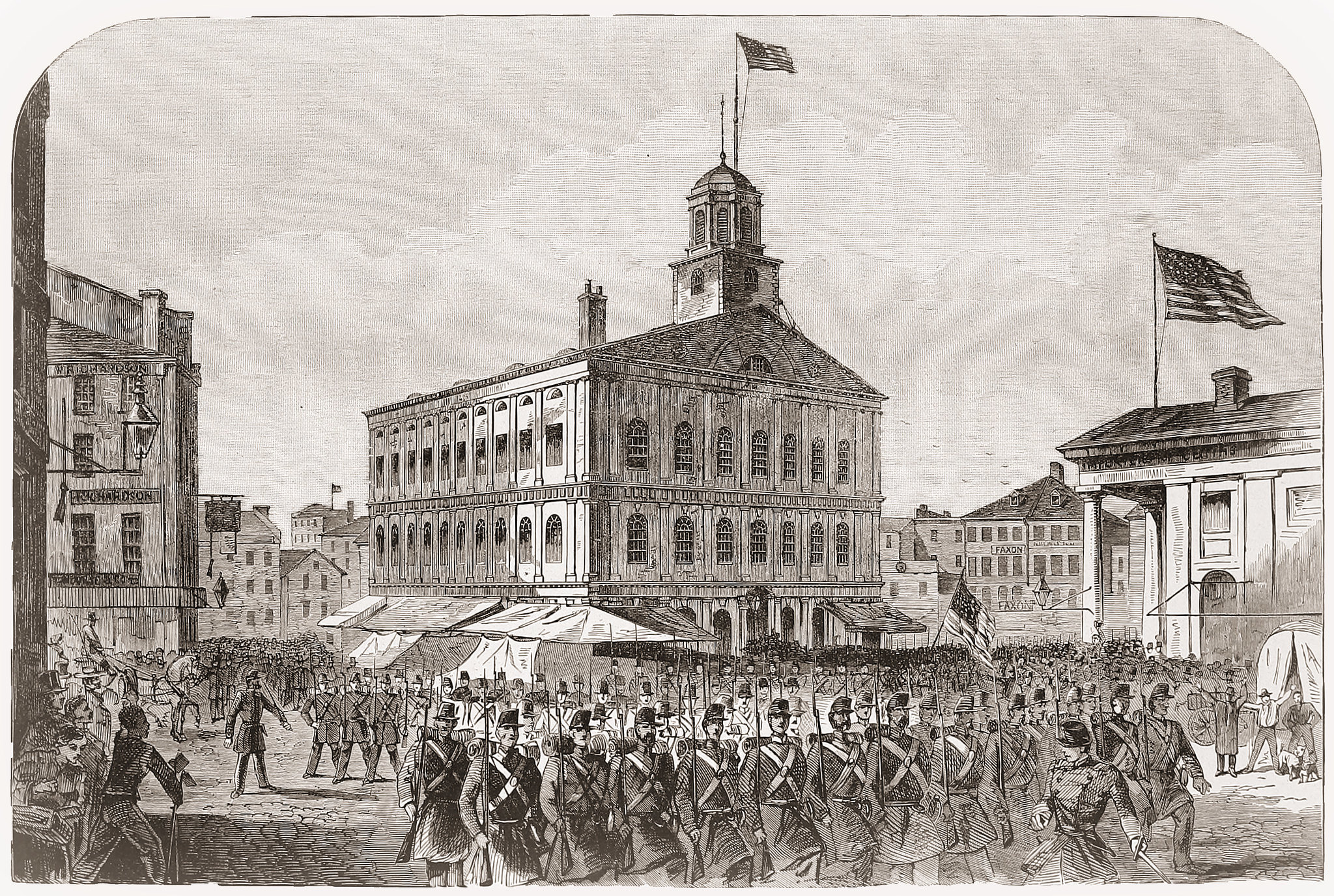 A New Regiment of Massachusetts Volunteers Passing Fanueil Hall on their way to the War