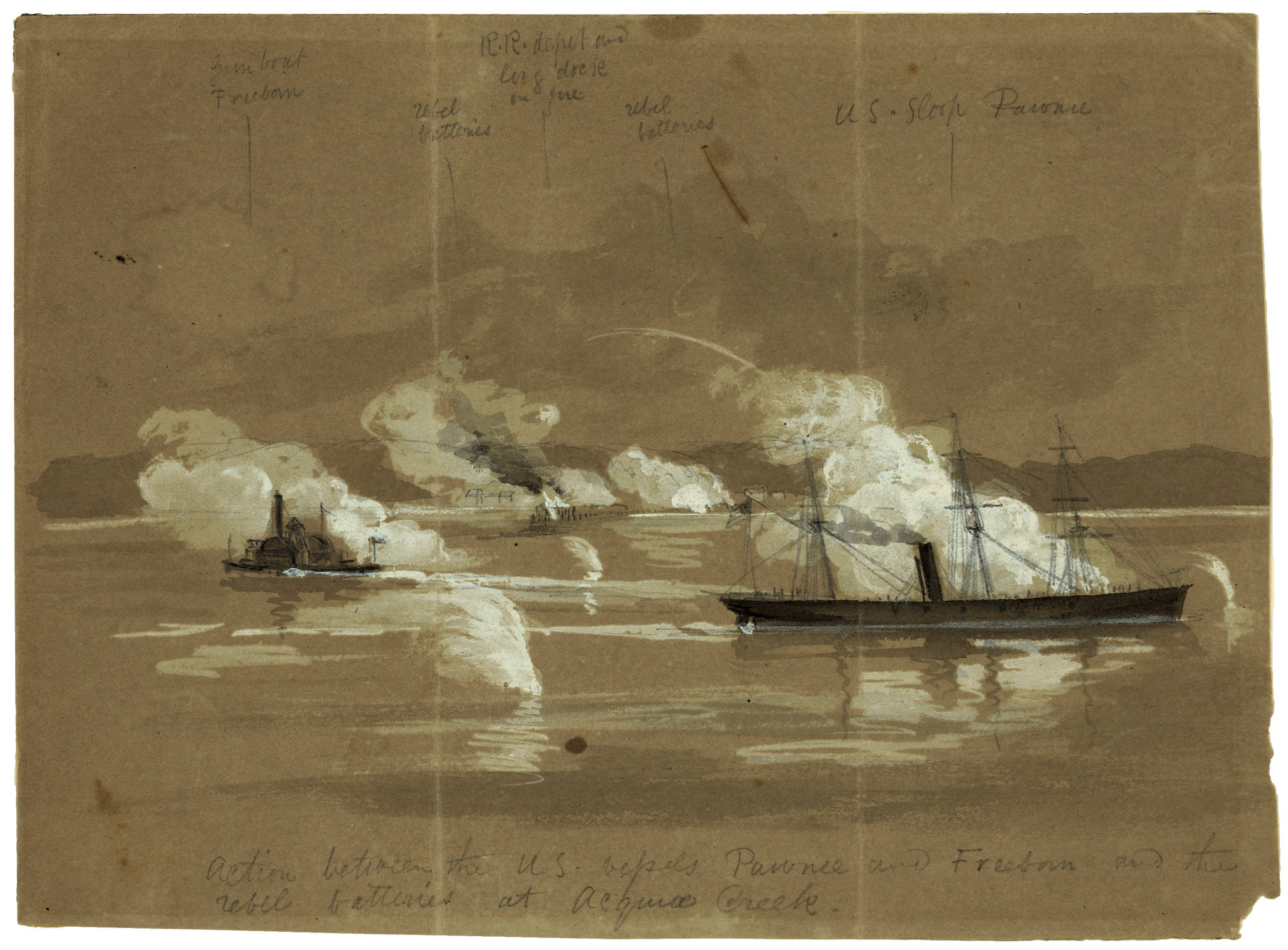 Action between the U.S. vessels Pawnee and Freeborn and the rebel batteries at Acquia Creek