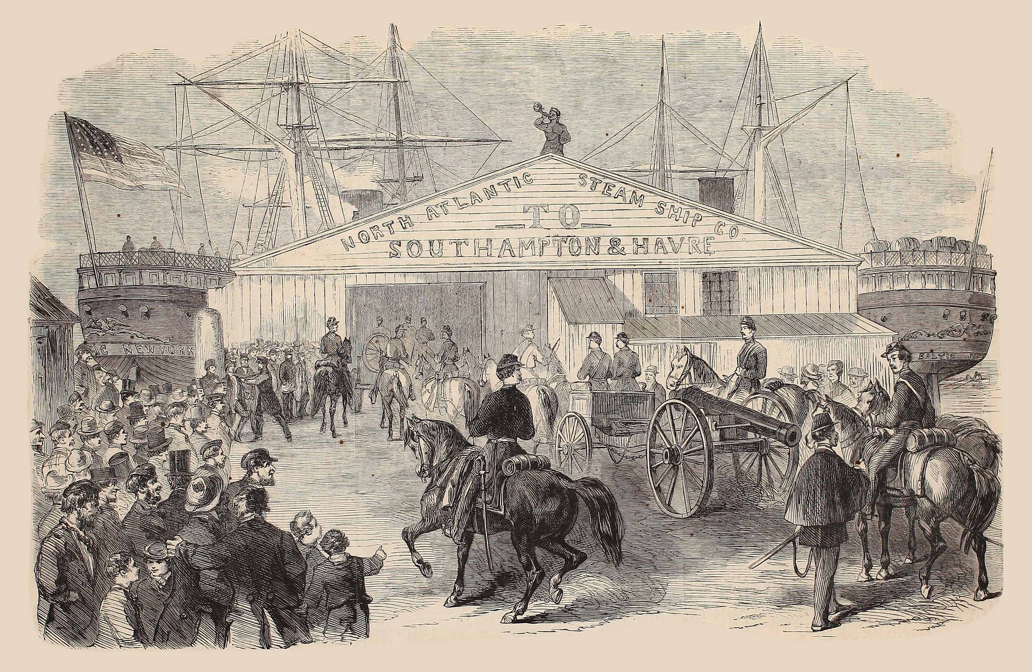 Movement of Troops to the South—Their Arrival—Scene Outside of Collins' Dock, at the Foot of Canal Street, New York, April 6, 1861  Frank Leslie's Illustrated Newspaper, April 20, 1861