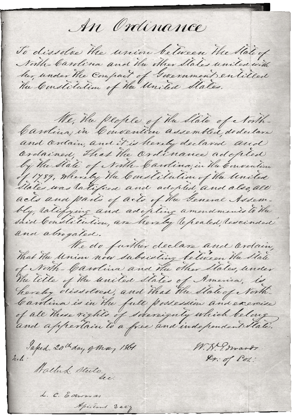 North Carolina Ordinance of Secession, May 20, 1861