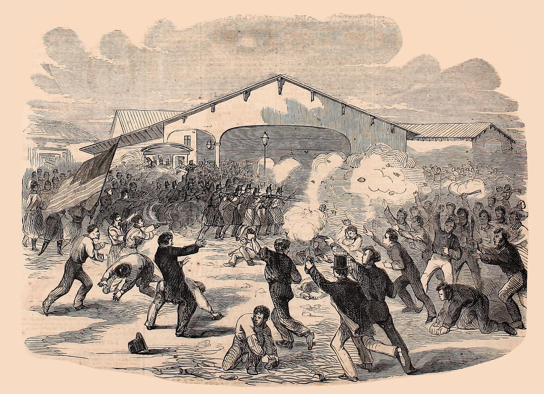 The Sixth Regiment of Massachusetts Troops Firing into the People at the Kensington Depot, While Taking the Cars for Washington, D. C.