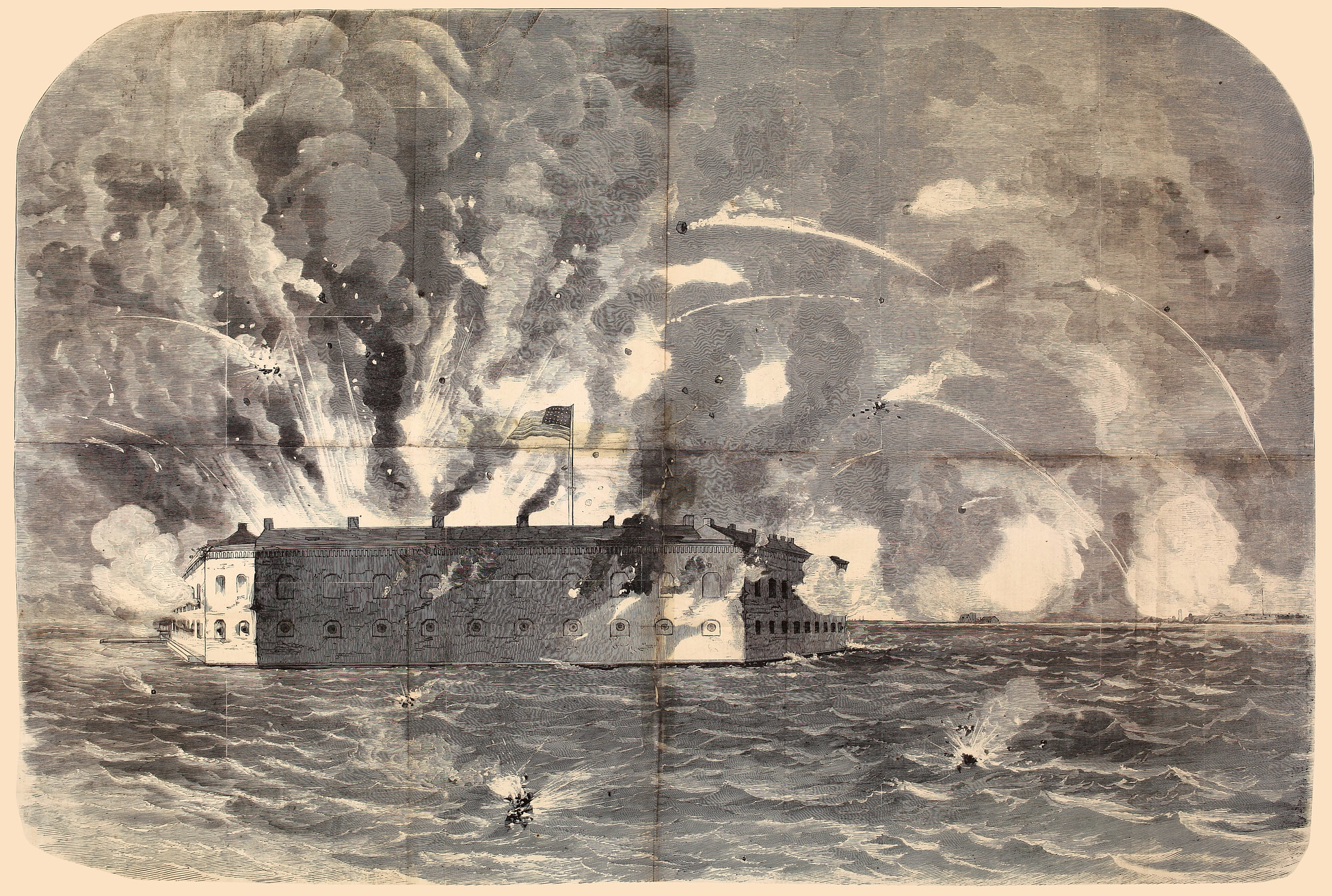 The Bombardment of Fort Sumter, Charleston Harbor, the 12th and 13th of April, 1861—This Picture was taken by our Special Artist, shortly before the Surrender of Major Anderson, when the Officers' Quarters were on Fire.