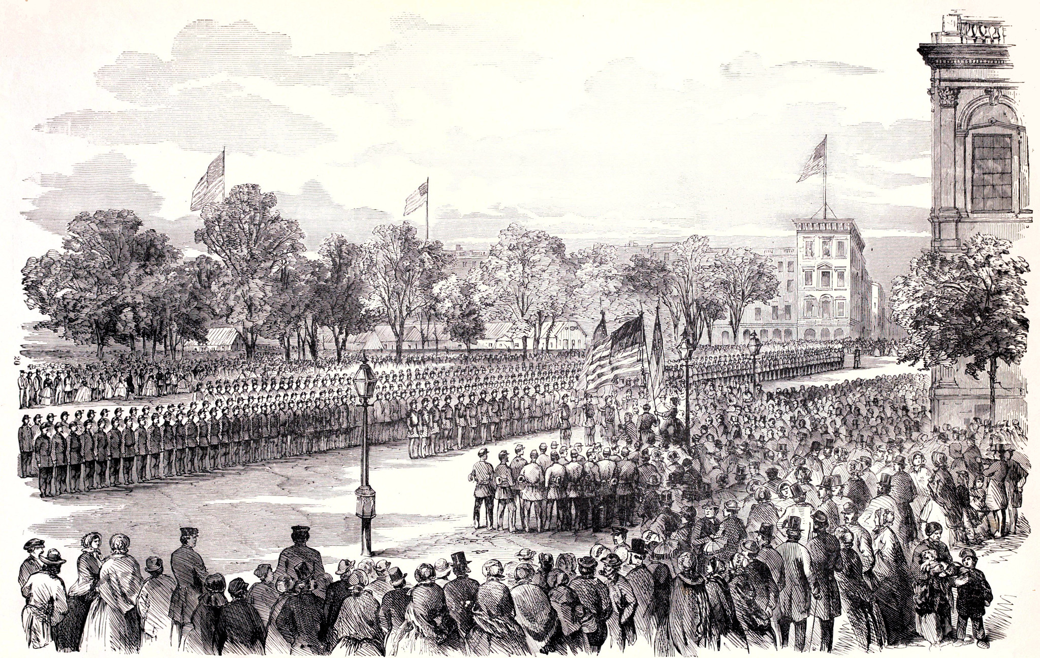 The German Regiment, Steuben Volunteers, Col. John E. Bendix Commanding, Receiving the American and Steuben Flags in Front of the City Hall, New York, May 24th, 1861