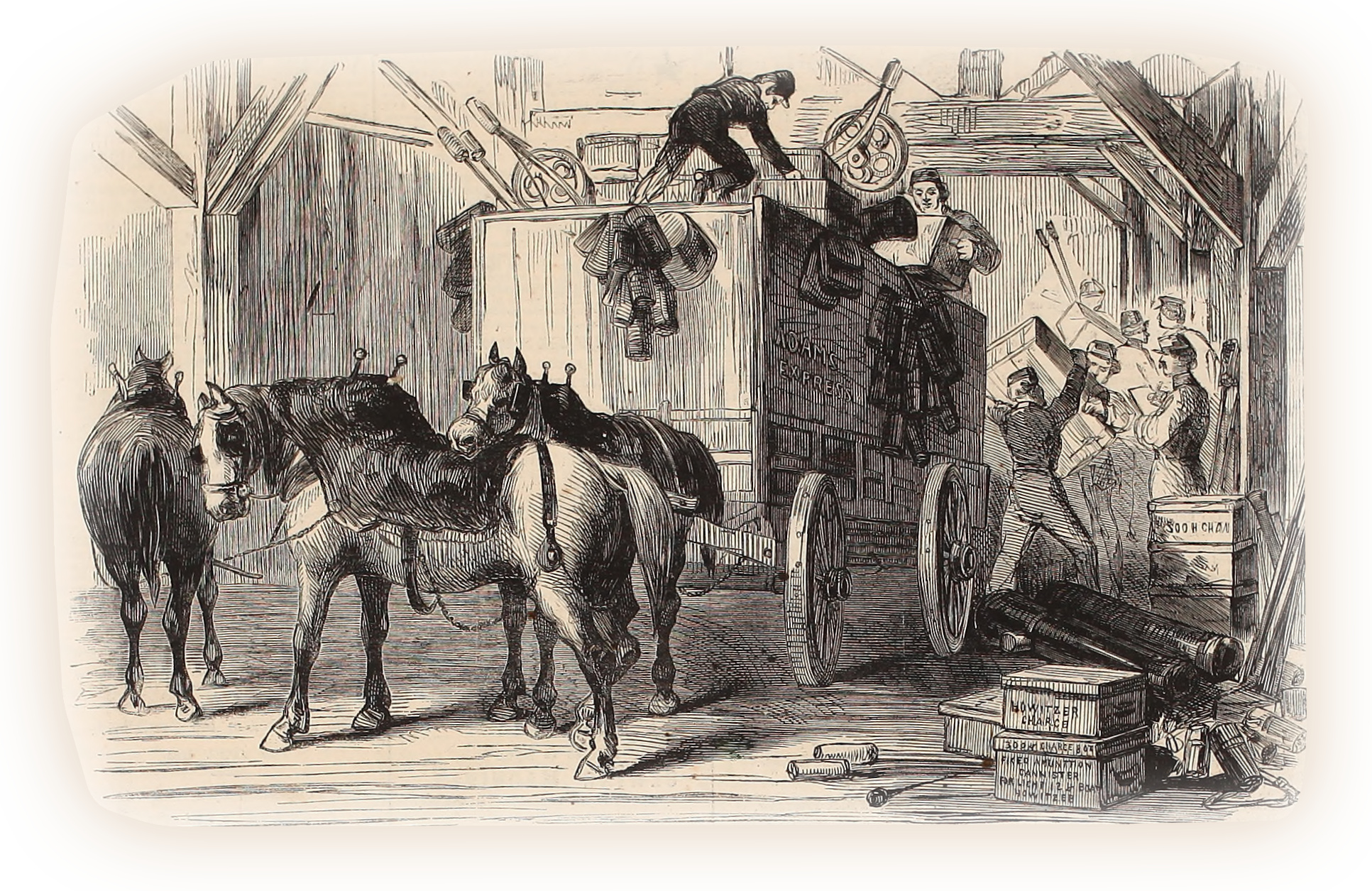 The War Movement—Unloading of Adam's Mammoth Express Wagon, Containing Munitions of War for the Ships Chartered by the Government at Collins' Dock, Foot of Canal St., N. Y.—Harper's Weekly April 20, 1861