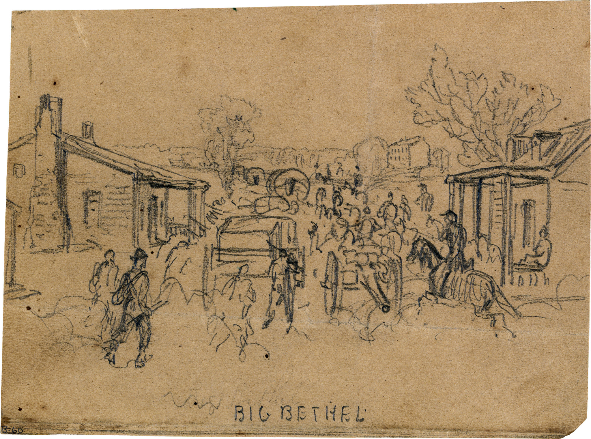 Big Bethel—Soldiers, caissons, and covered wagons moving through town.