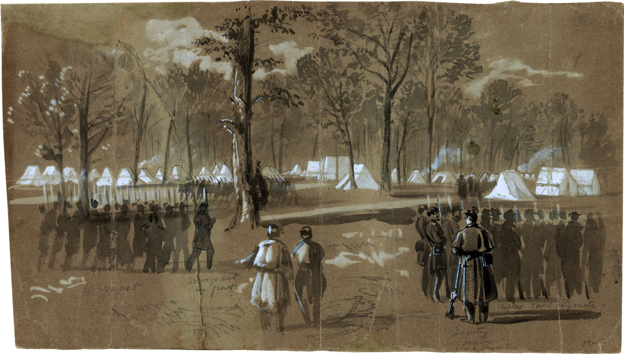 Camp of the second Connecticut regiment at Washington, in a grove on the north side of the city- Near th[e] New York 7th [Waud, Alfred R. (Alfred Rudolph)]