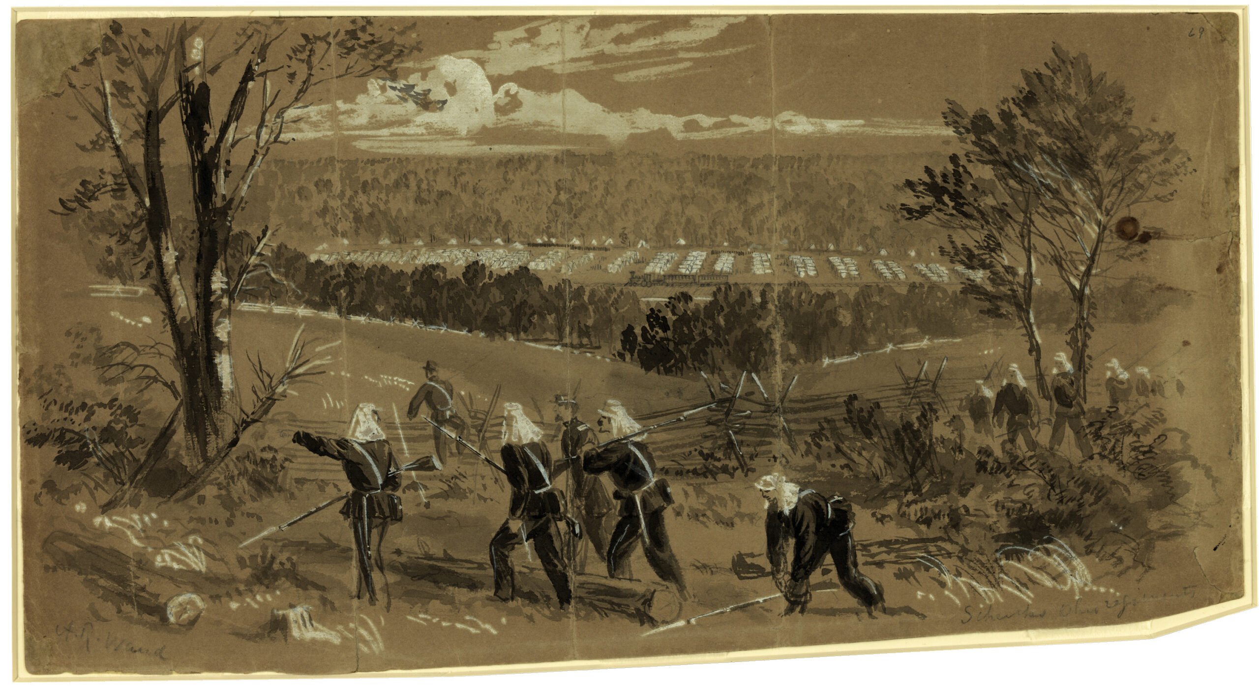 Schenks Ohio Corps near Vienna, in a valley through which runs the railroad, on which the skirmish took place, a beautiful and romantic spot, but hardly a safe position against surprise, in the foreground is a scouting party in search of secessionists a great deal of this part of Virginia seems to be good farming land a great deal of wheat and other cereals being grown . . . Waud.