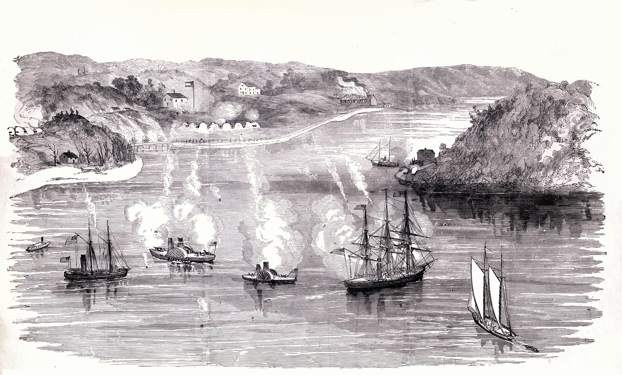 The Attack upon the Batteries at the Entrance of Acquia Creek, Potomac River, by the United States Vessels ‘Pawnee,’ ‘Yankee,’ ‘Thomas Freeborn,’ ‘Anacosta’ and ‘Resolute, June 1st, 1861