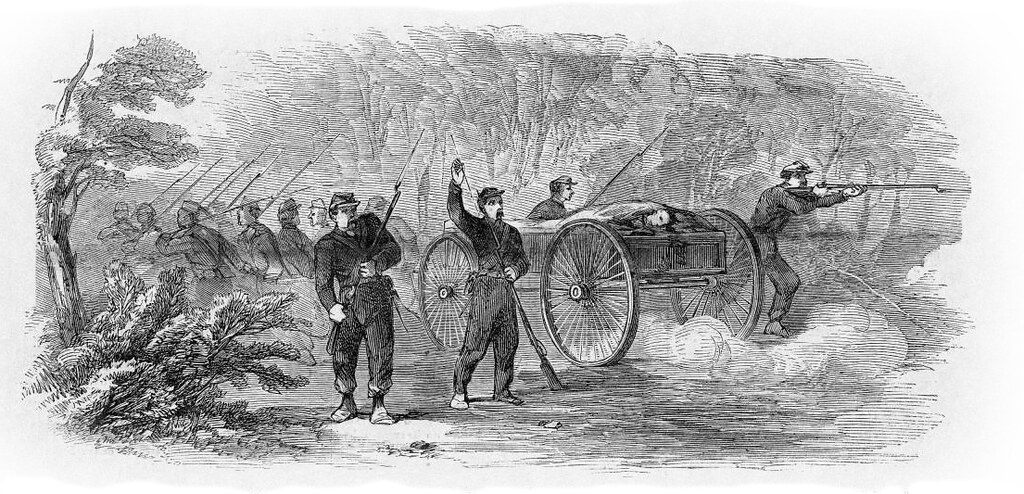The Duryea Zouaves Carrying off the Body of Lieu. Greble from the Field of Battle, Amidst the Fire of the Secession Forces, at Great Bethel. 