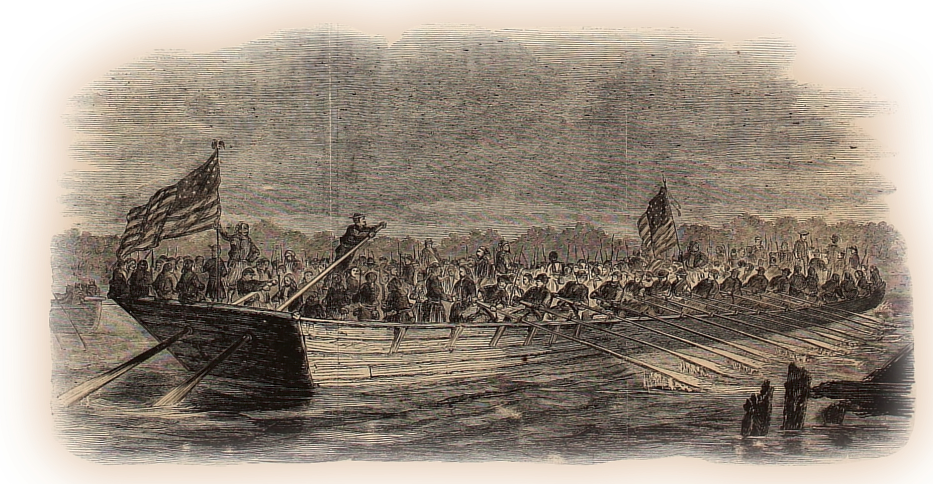 The Naval Brigade, Under Command of Lieutenant Crosby, conveying the Federal Troops over Hampton Creek on the Night of 8th of June, Previous to the Battle of Great Bethel. From a Sketch by our Special Artist Accompanying Gen. Butler's Command. (Published in Frank Leslie's Illustrated Newspaper, June 29, 1861.)