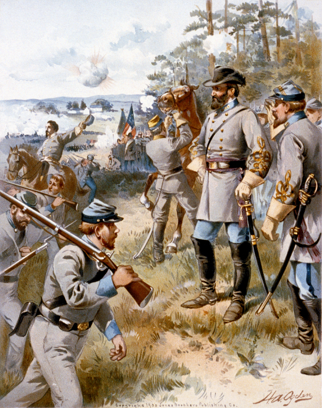 Stonewall Jackson at Bull Run - Print shows General Stonewall Jackson standing on a ridge with soldiers, one holding Jackson's horse, monitoring the action of the battle at Bull Run, Virginia. Print by Henry Alexander Ogden.