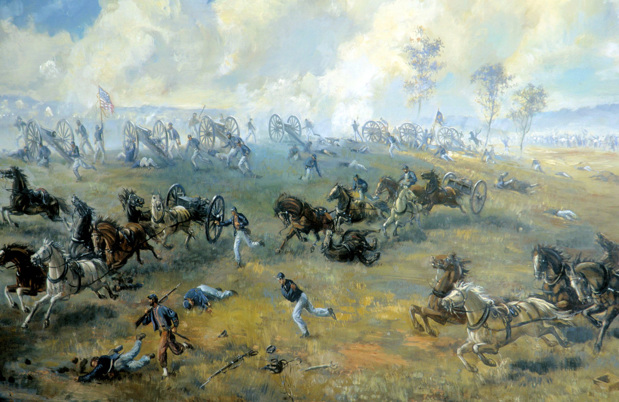 The painting Capture of Ricketts' Battery, depicting action during the First Battle of Bull Run, one of the early battles in the American Civil War. The painting is oil on plywood, and is displayed in the Henry Hill Visitor Center at Manassas National Battlefield Park.