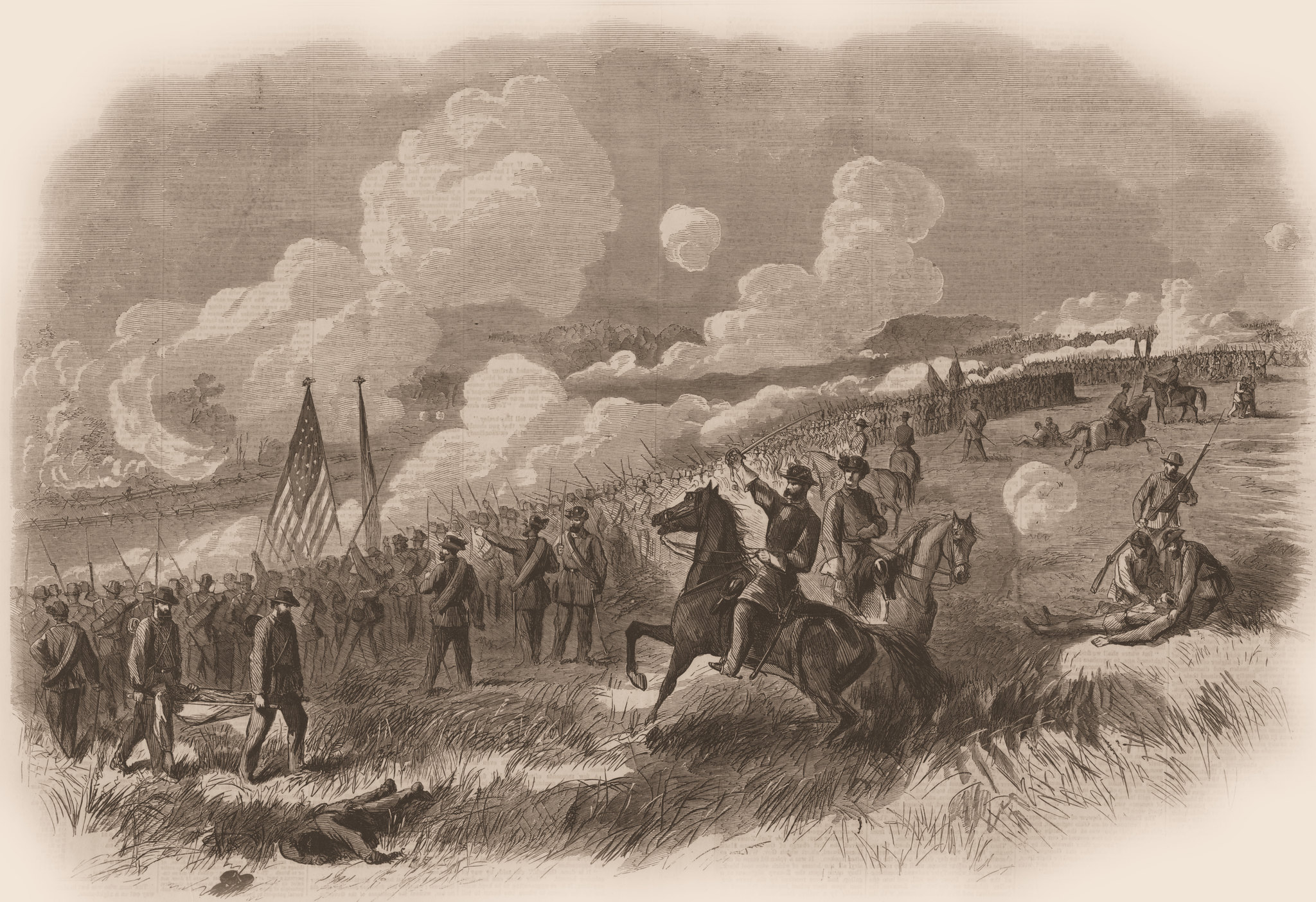 Colonel Burnside's brigade at Bull Run, First and Second Rhode Island, and Seventy-First New York Regiments, with their Artillery, Attacking the Rebel Batteries at Bull Run. Sketched on the spot by A. Waud