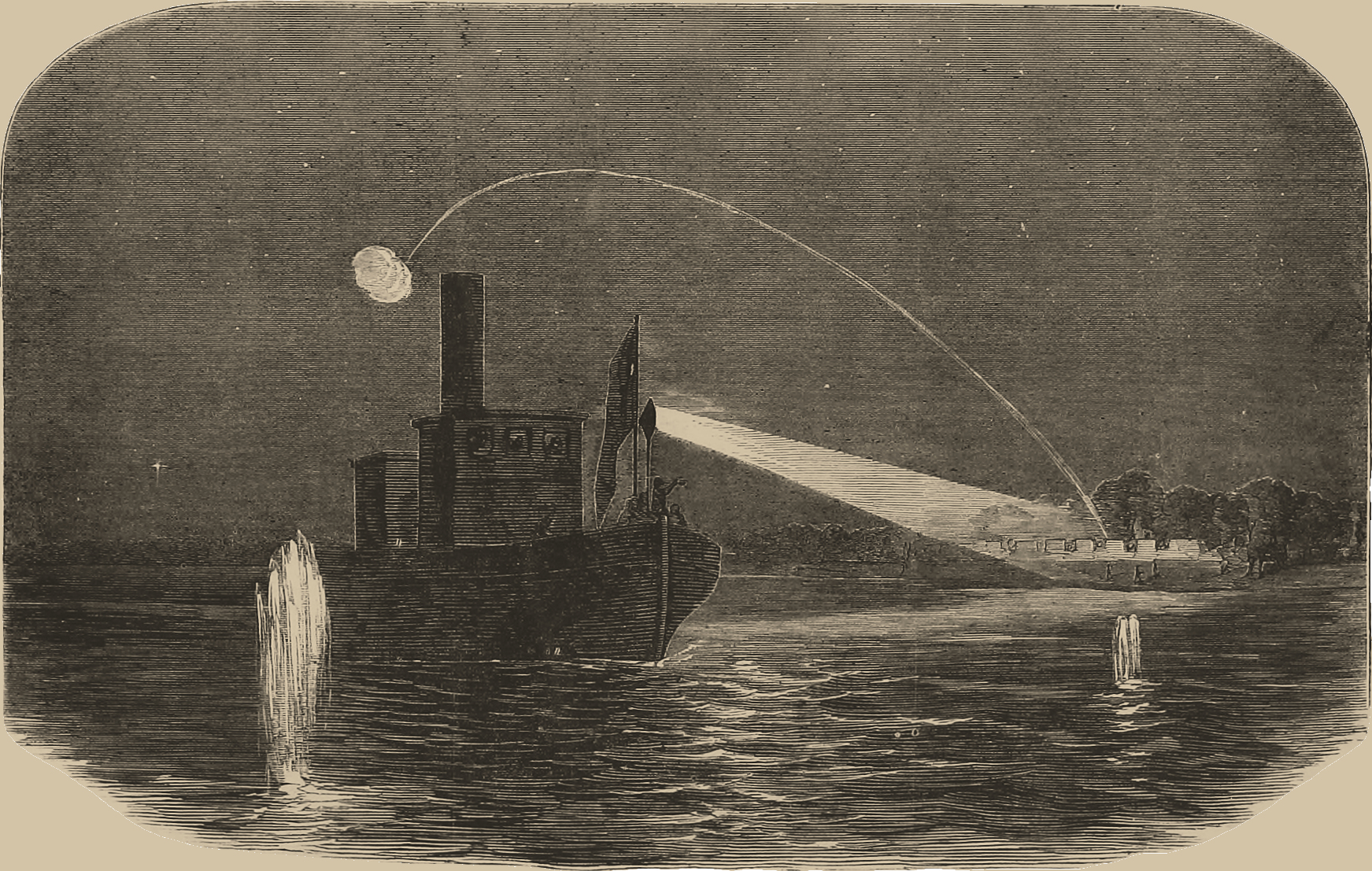 Reconnoitreing the Shores of the Potomac at Night, to Discover the Military Works of the Secessionists, by Means of Professor Grant's Calcium Lights