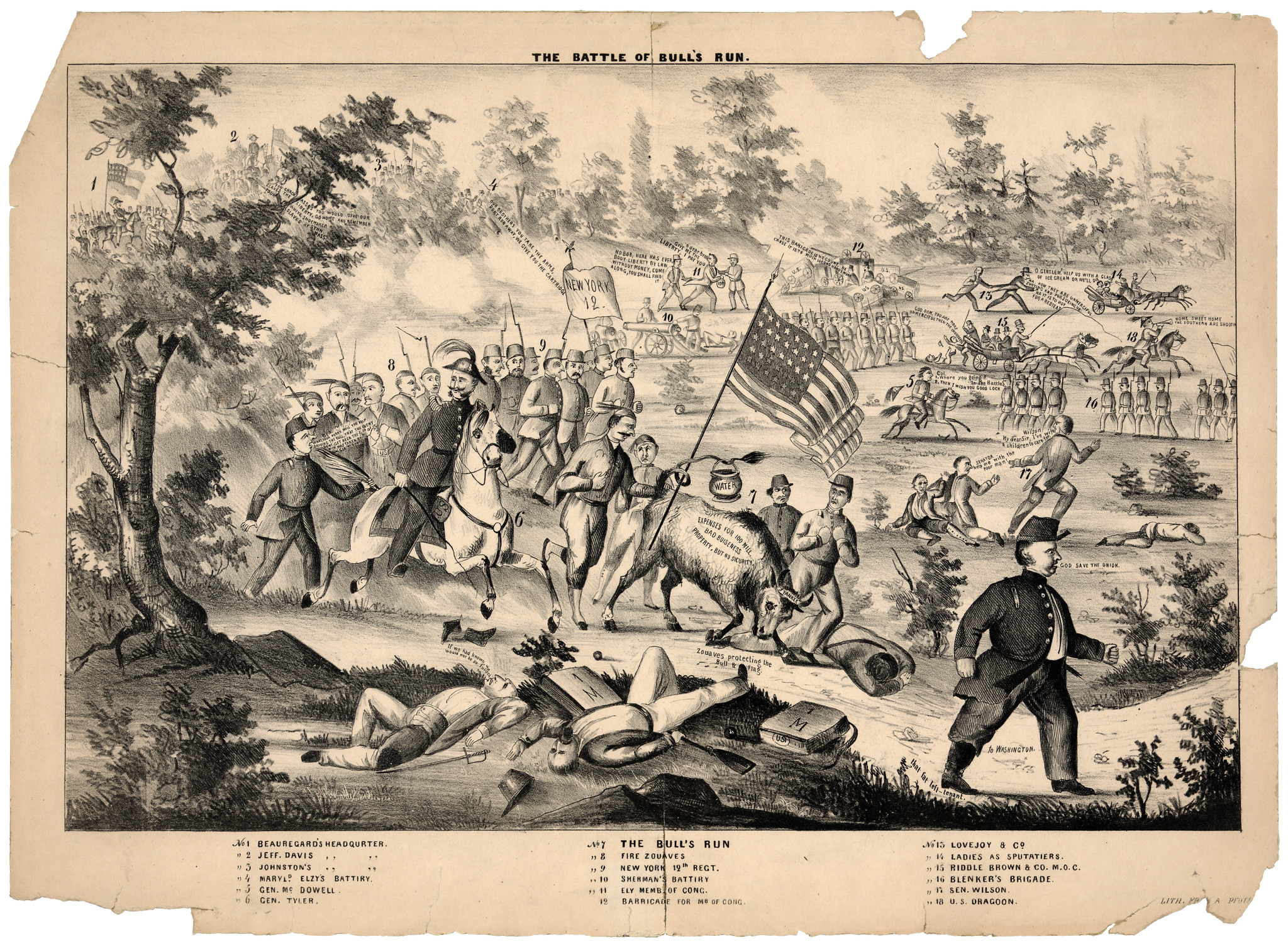 The Battle of Bull's Run - Cartoon print shows Union troops after the Battle of Bull Run during the Civil War from the point of view of a copperhead, that is, a northern Democrat supporting Confederate troops. 