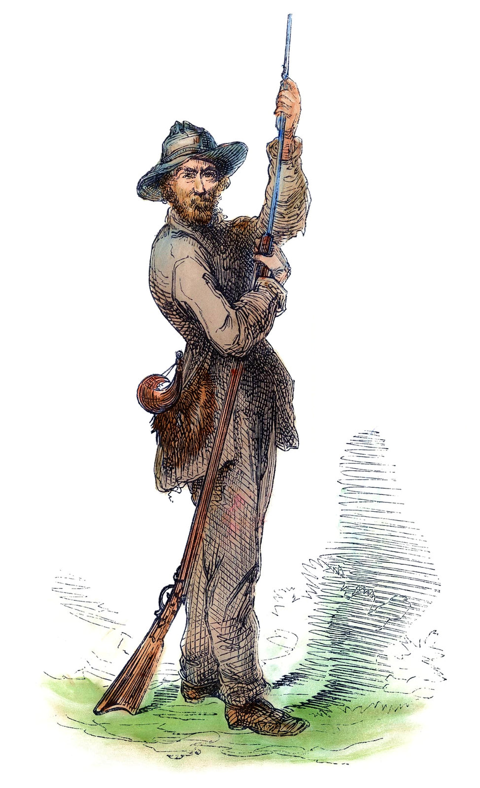 A bushwhacker, or Confederate guerilla fighter. Wood engraving, American, 1867