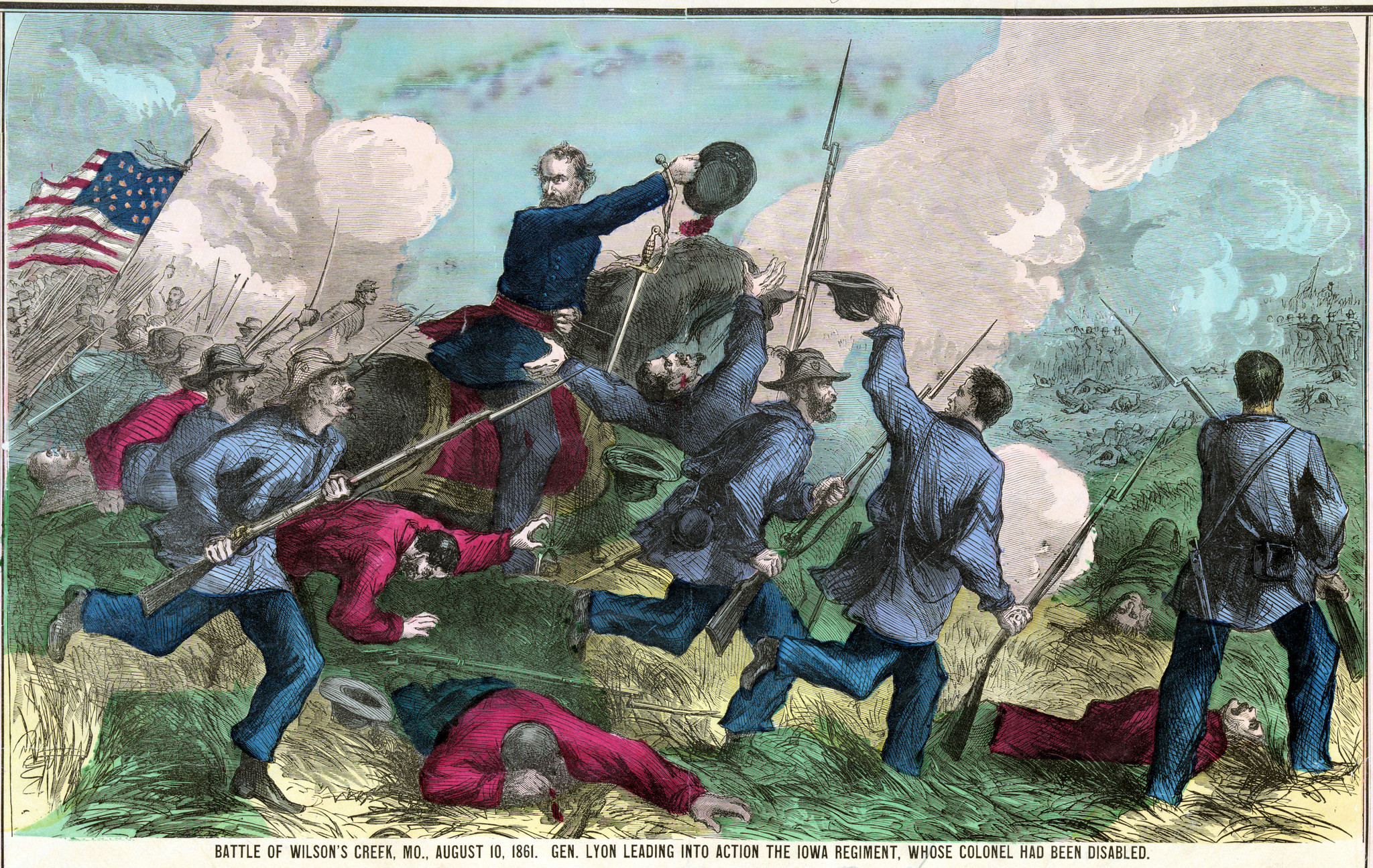 Battle of Wilson's Creek, Mo., August 10, 1861. Gen. Lyon leading into action the Iowa Regiment, whose colonel had been disabled