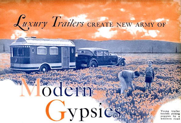 Young trailer tourists picking poppies by a western road