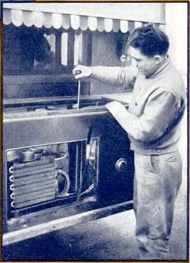 A tourist pumping up the air-pressure tank that supplies water to the sink.  The coils serve the refrigerator unit.
