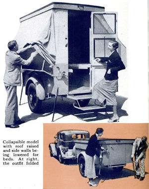 Top: Collapsible model wit roof raised and sidewalls being lowered. Bottom: the outfit folded.