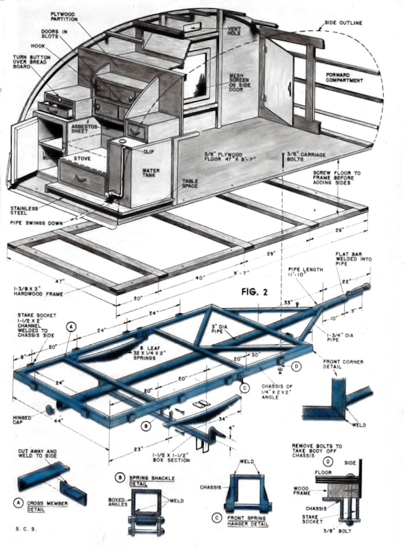Teardrop trailer, vintage 1947 plans, exploded assembly view