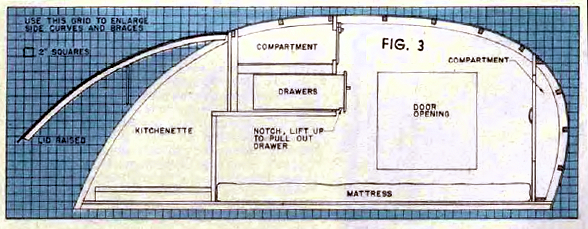 1947 vintage teardrop recreational vehicle article - side view, cross section
